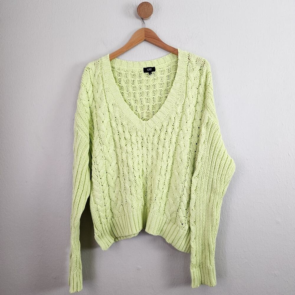 LINE The Label Citron Green Cable Knit Cotton Sweater Deep V-Neck Large Pullover